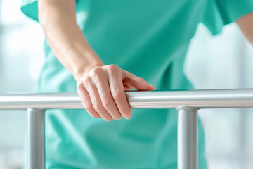 A close-up of a healthcare worker's hand grasping a railing, symbolizing support and care in a medical environment.