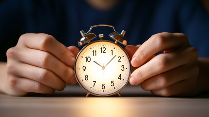 A close-up of hands holding a vintage alarm clock, showcasing the timeless essence of time management and punctuality.