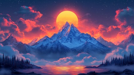 A mountain colorful cartoon style high resolution   777 sunset, sky, mountain, landscape, nature, mountains, clouds, sunrise, cloud, sun, snow, blue, morning, red, beautiful, evening, fog, winter, hil