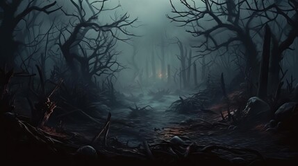 Obraz premium Haunted forest, twisted trees and eerie fog, dark and mysterious, Watercolor style