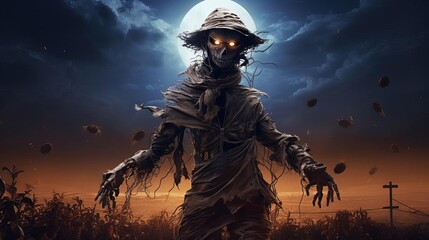 Fototapeta premium Spooky scarecrow, tattered clothes, glowing eyes, moonlit field, Watercolor style
