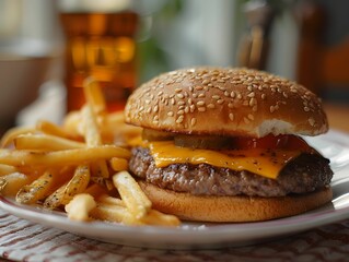 Juicy cheeseburger with fries on a plate, captured in a cozy kitchen setting during lunchtime
