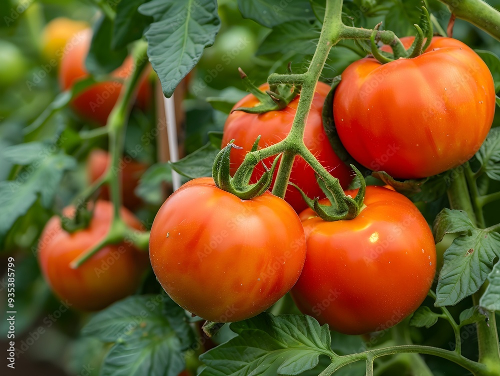 Poster Ripe red tomatoes growing in a lush garden during the summer season, highlighting the bountiful harvest time