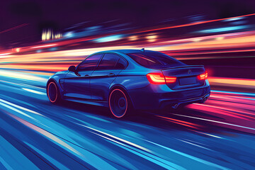 blue car at high speed along the highway blur movement speed, cartoon style, vector, 3d rendering