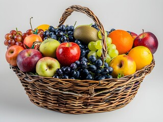 A vibrant basket filled with assorted fresh fruits including apples, grapes, oranges, and more displayed on a neutral background