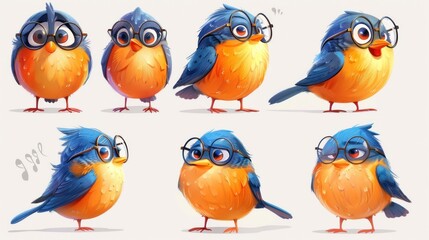 A colorful illustration of cartoon birds with glasses in various poses and expressions.