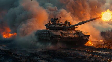 A tank advances through smoke and flames during a military operation in a conflict zone at dusk