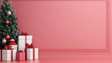 Festive Christmas scene with a vibrant pink wall, decorated tree, and beautifully wrapped presents in a cozy atmosphere.