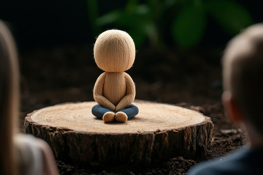 A wooden figure sitting in meditation on a tree stump, surrounded by nature, embodying tranquility and mindfulness.