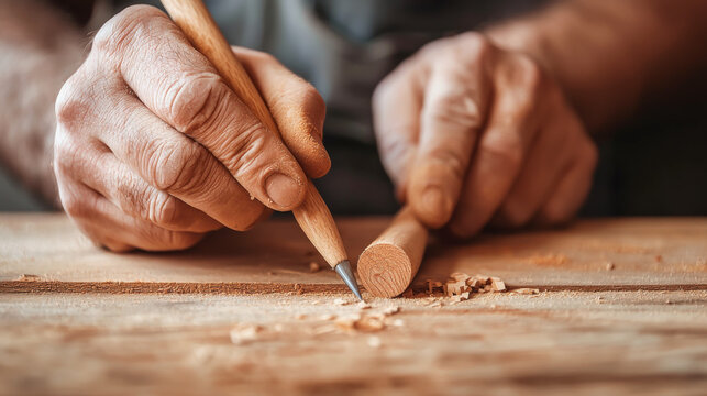 Close-up of skilled craftsman carving wood with a pencil, showcasing precision and artistry in woodworking.