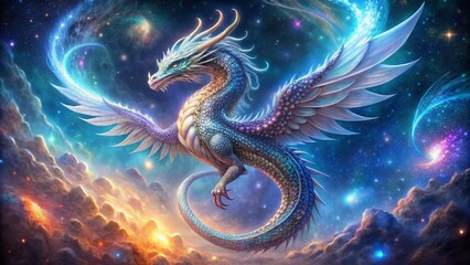 A majestic, glowing wyrm with iridescent scales coils around a swirling, starry galaxy, its ethereal wings outstretched amidst a backdrop of shimmering stardust.