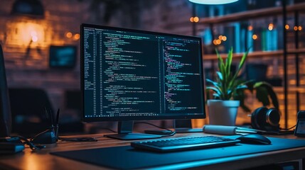 A computer setup with code on the screen, representing learning python for data engineering. main objects: monitor, keyboard, plant, headphones.