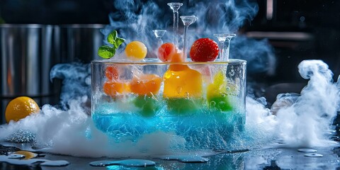 Layered blue liquid with fruit and smoke.