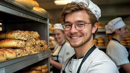 A young baker smiles while surrounded by freshly baked bread and pastries in a bustling local bakery.