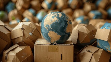 Globe sitting on a cardboard box, representing the concept of worldwide shipping and global commerce
