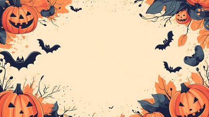 Halloween style wallpaper, pastel color background and large blank space in the center for text, Halloween patterns such as pumpkins and bats on both sides of the frame, pumpkins and bats scattered 