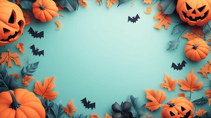 Halloween style wallpaper, pastel color background and large blank space in the center for text, Halloween patterns such as pumpkins and bats on both sides of the frame, pumpkins and bats scattered 