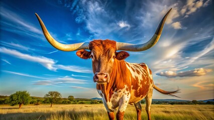 A majestic longhorn bull stands proudly in a sun-kissed Texas ranch, its distinctive horns and shaggy coat glistening against a bright blue sky backdrop.