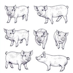 A collection of illustrated pigs in various poses.