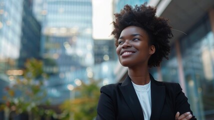 Obraz premium A cheerful young African American businesswoman stands confidently with her arms crossed, smiling while overlooking a bustling cityscape filled with contemporary architecture