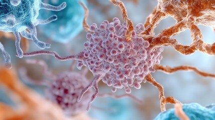 A close-up view of amyloid beta proteins accumulating and forming clumps within the brain, depicted in a microscopic, high-detail style, with neurons and glial cells surrounding th