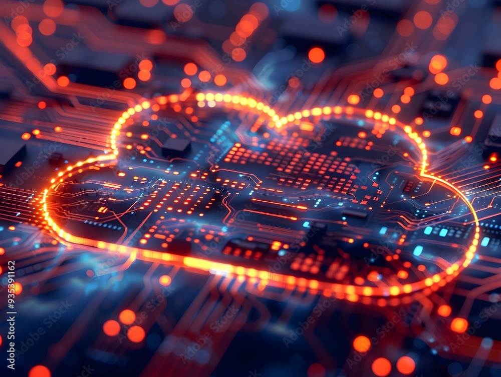 Wall mural futuristic cloud computing with vibrant glowing circuits and sleek high tech design