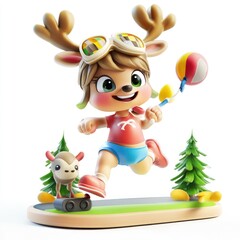 Fototapeta premium A cheerful cartoon character with antlers playing with a ball on a skateboard amidst trees.