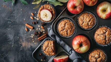 Top-Down View of Vegan Oat Muffins and Apple Banana Cakes in Vintage Pan