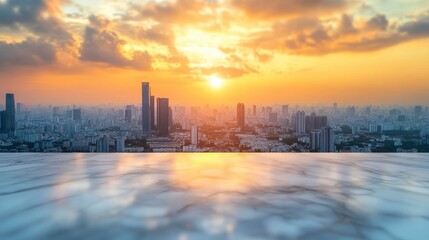 Naklejka premium White marble stone table with sunset city view in office building,view of window wall building with sunrise city view background,Modern office interior,golden hour concept,space for text.