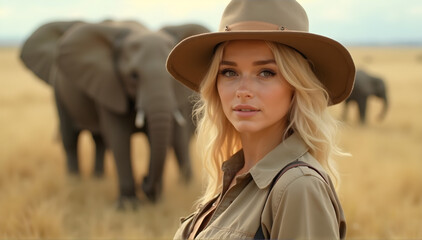 portrait of a white woman with a hat in the African savannah