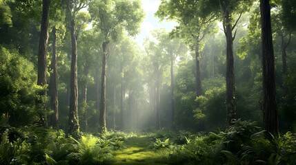 1. Stunning 3D render of a serene forest landscape with towering trees and lush foliage, isolated on a pristine background
