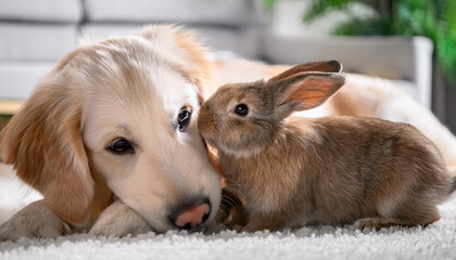 お友達～仲の良い犬とウサギ～いつも一緒