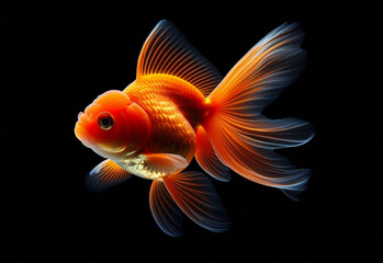 A beautiful orange goldfish swims on a black background, Ai generated