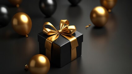 Free Photo Black Friday sale is a gold gift box and ballon with a black background	