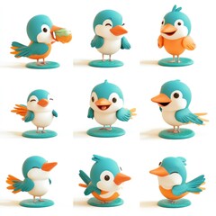 Fototapeta premium A collection of cute, cartoon-style bird figurines in various playful poses.