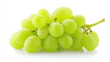 A bunch of green grapes with a stem, isolated on a white background.