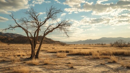 Obraz premium A lonely tree stands in a dry, cracked earth under a vibrant sky. Drought in the desert