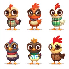 Fototapeta premium A collection of cute cartoon birds in various outfits and colors.