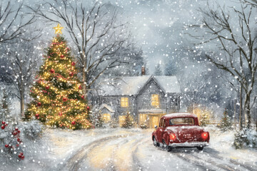 Snowy Christmas card holiday style illustration retro vintage car drives in snow to cozy inviting home house with illuminated windows and big Christmas tree copy space cold winter background