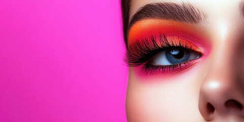 Fototapeta premium Vibrant eye makeup with bold colors and long lashes on pink background.