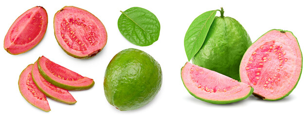guava with slice and green leaves isolated on white background. clipping path