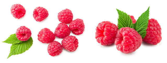 ripe raspberry with green leaf isolated on white background. macro. clipping path