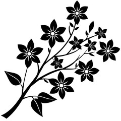 Black Silhouette of branch with flowers on a white background