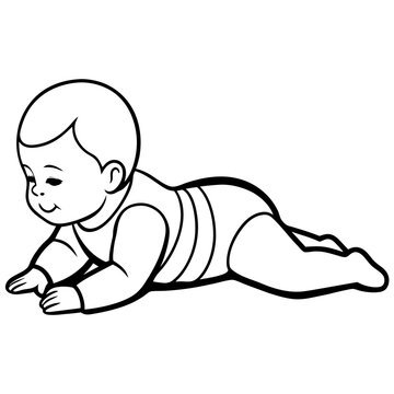 recommend clip art: baby or toddler lying on its stomach lifting head and upper body, line art vector illustration