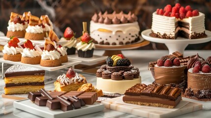 Naklejka premium Visualize a decadent dessert spread featuring an assortment of cakes, pastries, and chocolates