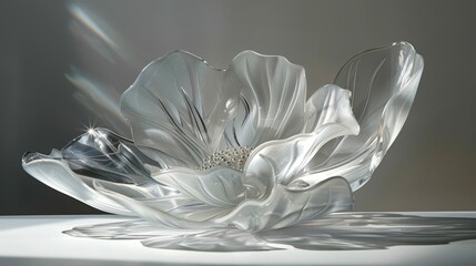 Visualize a delicate glass sculpture shaped like a blooming flower.