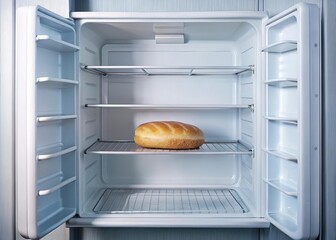 Single loaf of bread in empty refrigerator. Hunger and poverty