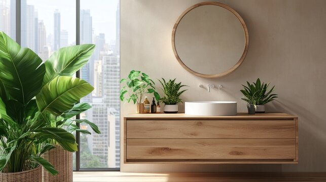 A modern bathroom design featuring a circular mirror and elegant wooden vanity. Bright green plants add to the freshness and serenity of the space. Perfect for serene living. AI