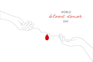 World Blood Donor Day. Two hands and a drop of blood. Line art, one line. Hand drawn Vector illustration