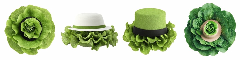 Top view of fresh green lettuce heads creatively arranged and styled as different types of hats, all neatly displayed on a transparent background.